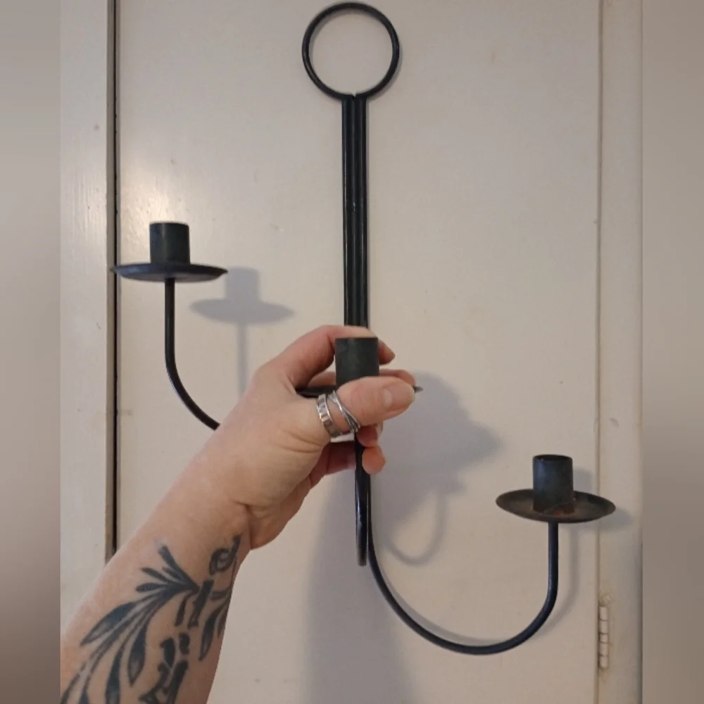Vintage Black Metal Three Arm Wall Candle Holder